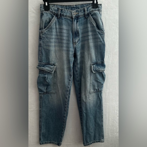Zara Denim - Zara Cargo Jeans Juniors Size 13/14 Blue High Rise Straight Leg Utility Denim